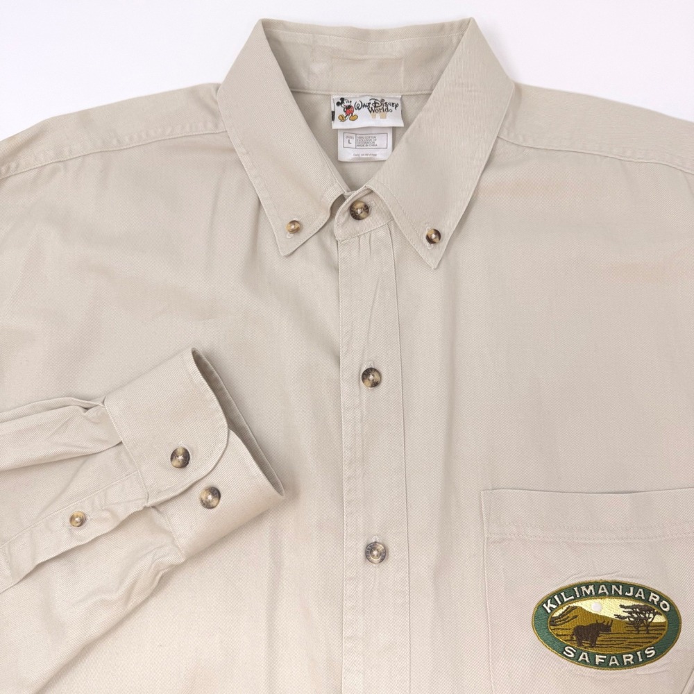 Walt Disney World Kilimanjaro Safaris Khaki Cotton Button Down Shirt Mens Large